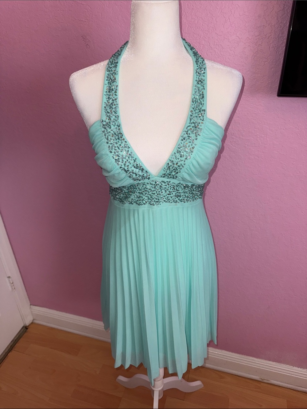 Rampage Aqua Beaded Halter Mini Dress